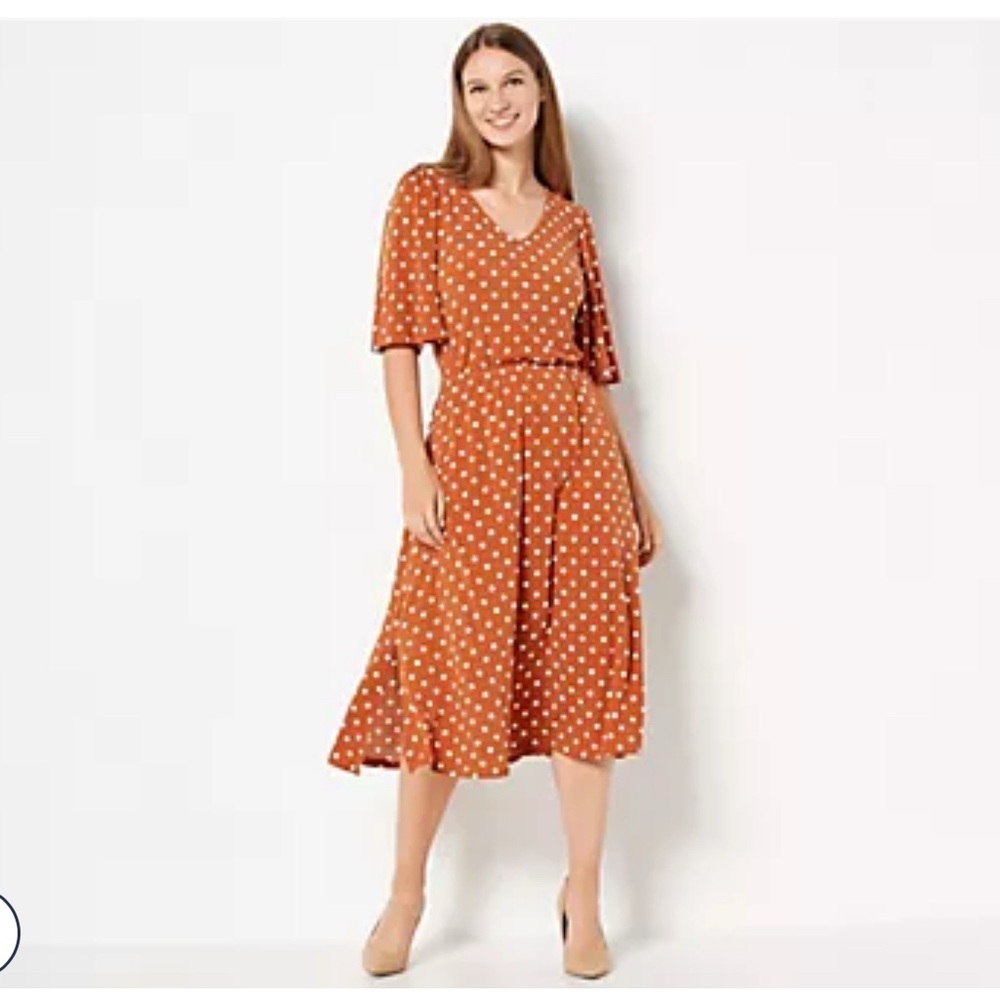 White and Brown V-Neck Midi Sundress with flutter sleeves